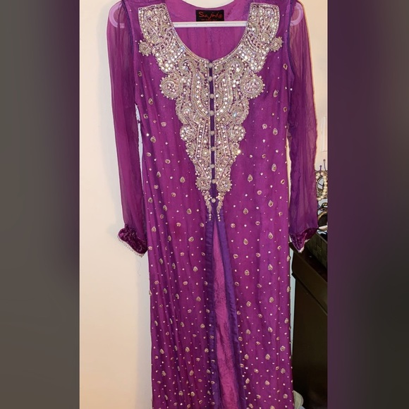 Purple & Silver Pakistani/Indian suit. With heavy silver crystal work done. - Picture 1 of 5